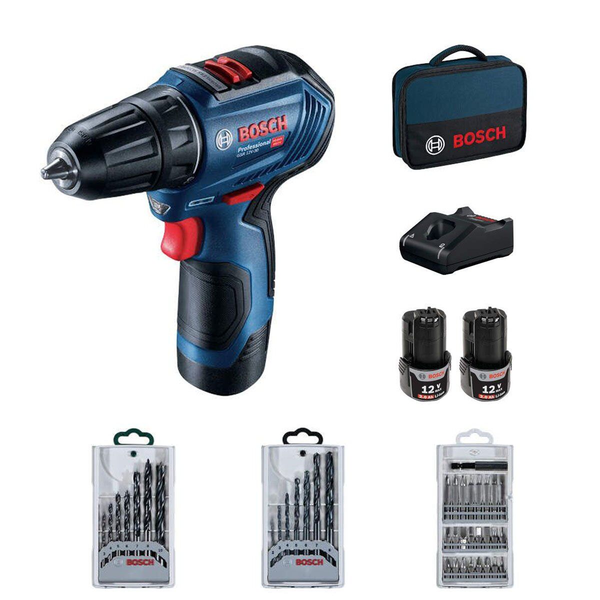 Bosch GSR 12V-30 Şarjlı Matkap 12V 2.0Ah (Aksesuarlı+Bez Çantalı)