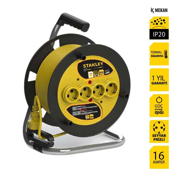 Stanley ST-E-5015 Makaralı Kablo 50 Mt, 3x1.5mm, 4 Prizli, IP20