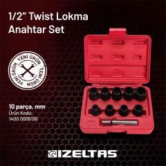 İzeltaş 1/2'' Twist Lokma Seti Hasarlı Civata, Somun Sökme 10 Parça