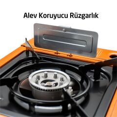 Rox Camping 0189 Tekli Portatif Kamp Ocak, Rüzgarlıklı, Ekstra Gaz Girişli - Turuncu