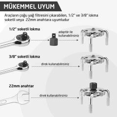 6119 Düz Üç Ayaklı Çift Yönlü Yağ Filtre Sökeceği 70-140 mm