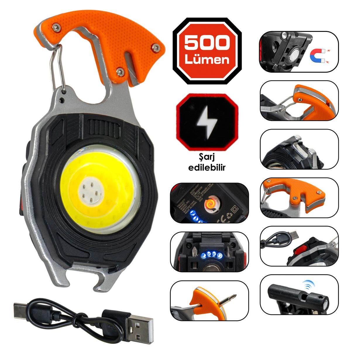 Rox 0230 Outdoor Çok Fonksiyonlu Anahtarlık Şarjlı Led Fener 500 Lümen